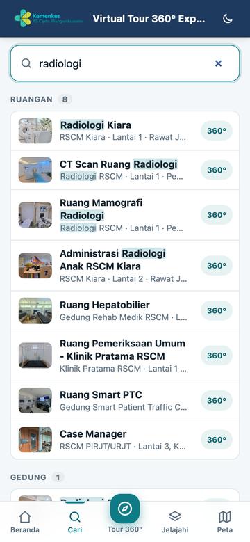 Mencari ruangan & alat — tampilan ponsel